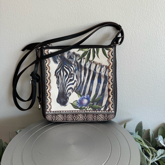 BRIGHTON AFRICA STORIES  ZEBRA MESSENGER LEATHER CROSSBODY SHOULDER BAG - Picture 1 of 11